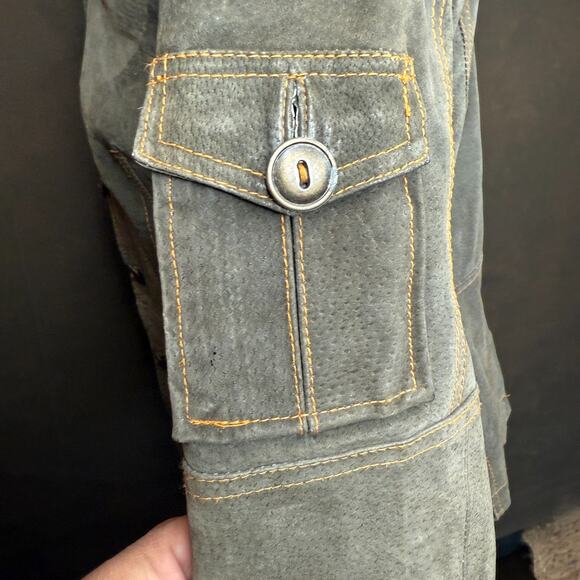 Jennyfer J 100% Nubuc Leather Military Moto Jacket Women’s S Olive Green - Picture 9 of 15